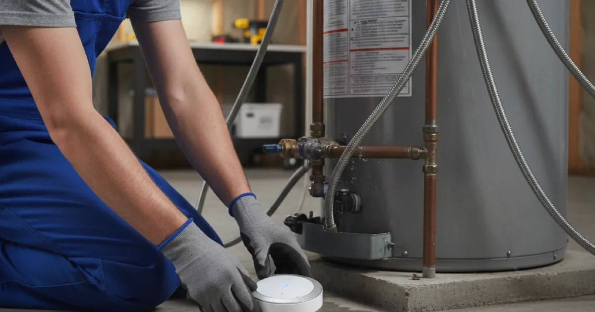 Dan's Drains plumber installing a smart water leak sensor near a water heater in Westchester County