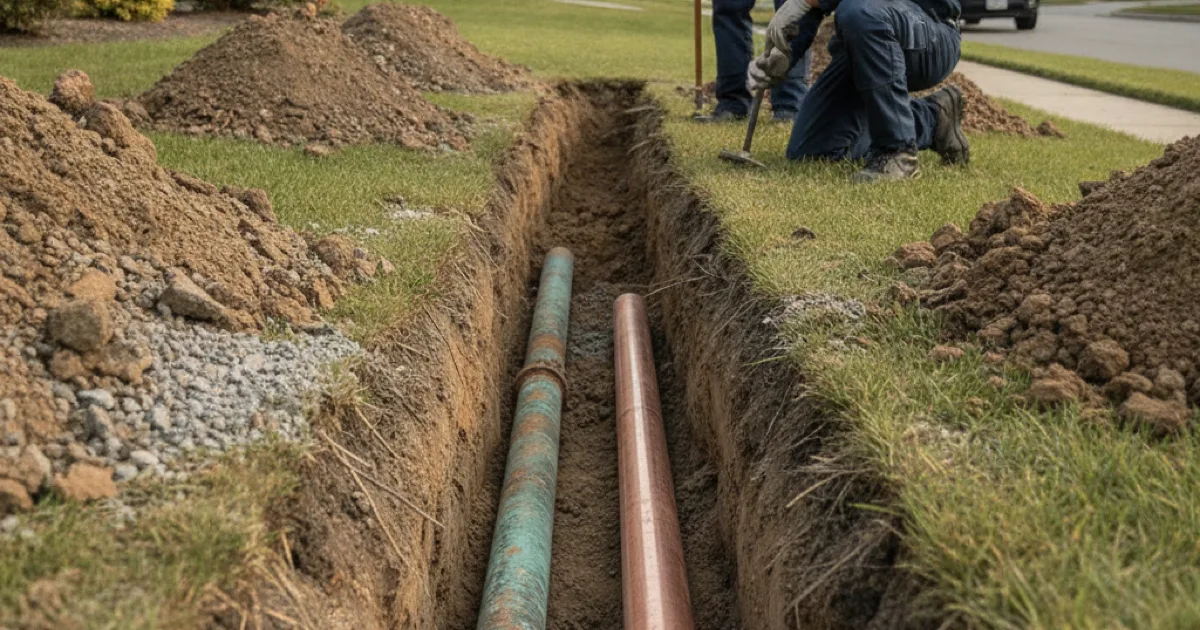 An excavated water service line trench between a suburban house and the street, exposing an old corroded supply pipe and a new copper line beside it ready to connect