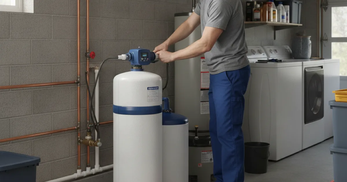 Dan's Drains plumber installing a whole-home water softener in a Westchester County utility area
