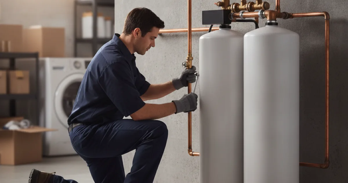 A plumber installing a whole-house water filtration and softener system on a basement wall, twin tanks and a bypass valve manifold plumbed in with copper