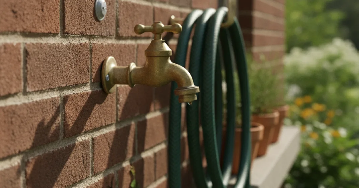 An outdoor hose bib faucet mounted on a home's exterior wall