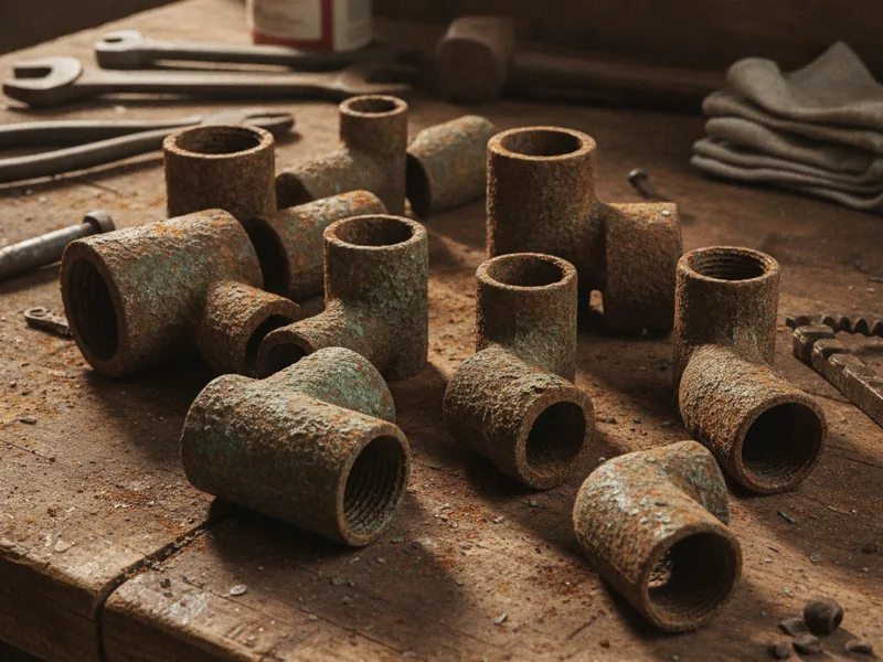 Corroded pipe fittings laid out on a workbench