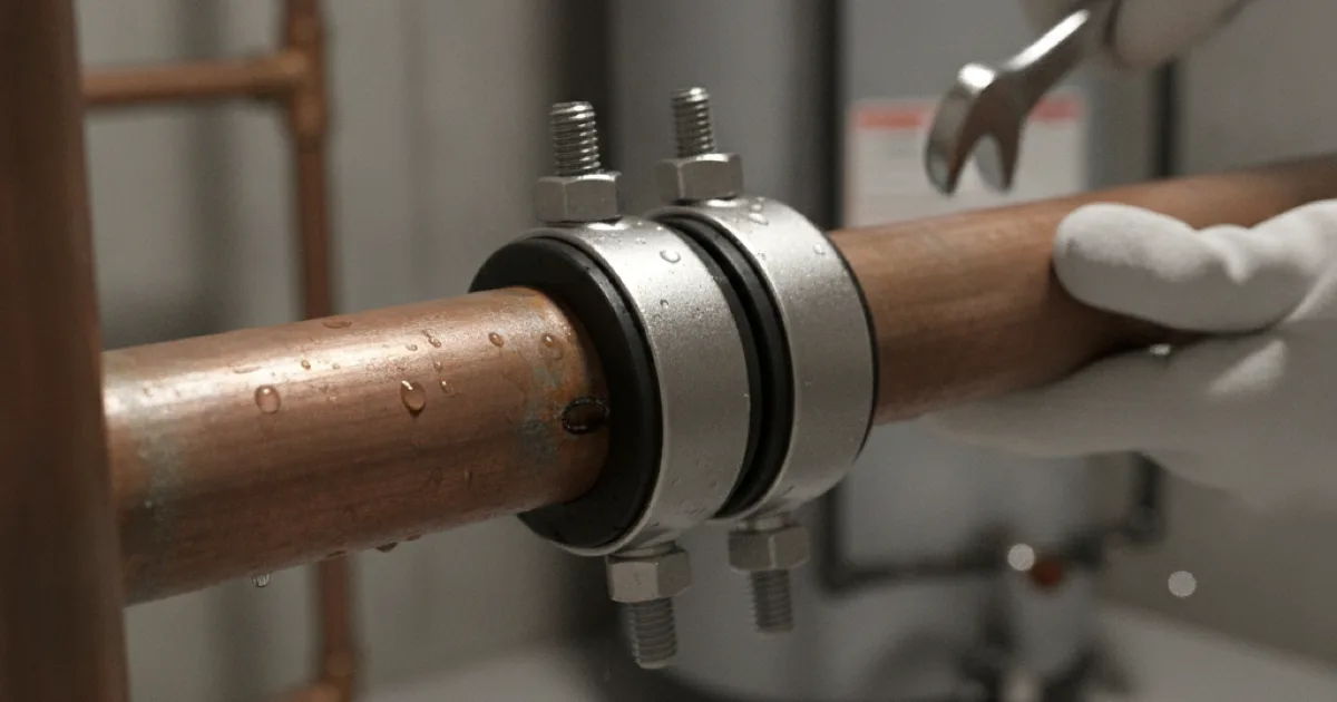 A copper pipe section with a repair clamp being applied