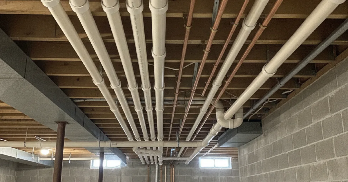 New PVC and copper piping installed along a basement ceiling