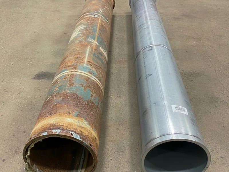 An old corroded pipe section next to a new replacement pipe