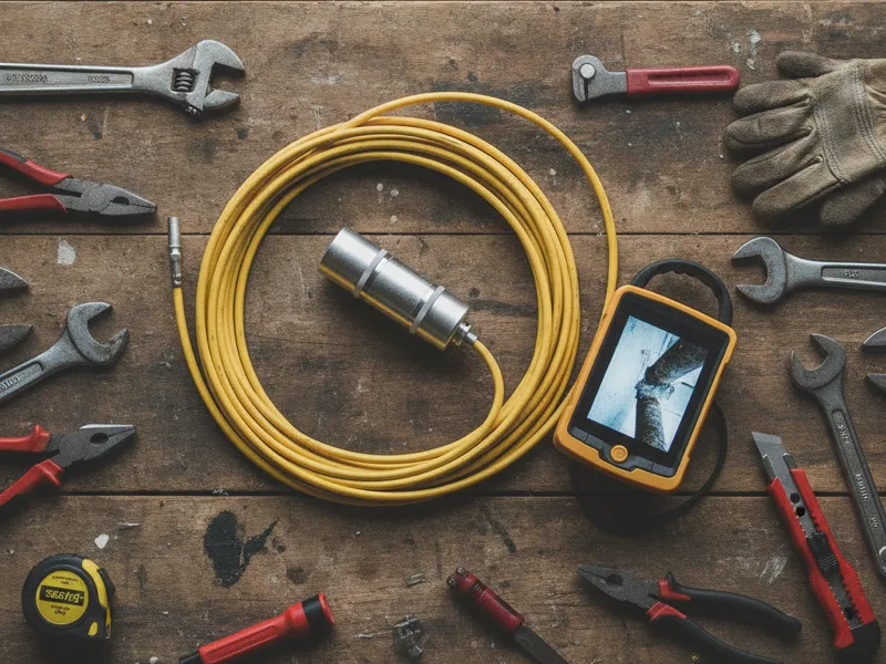 A plumbing inspection camera and hand tools arranged flat on a surface