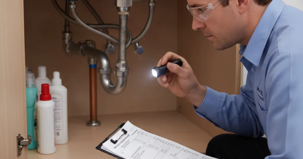 A technician with a clipboard inspecting plumbing under a sink