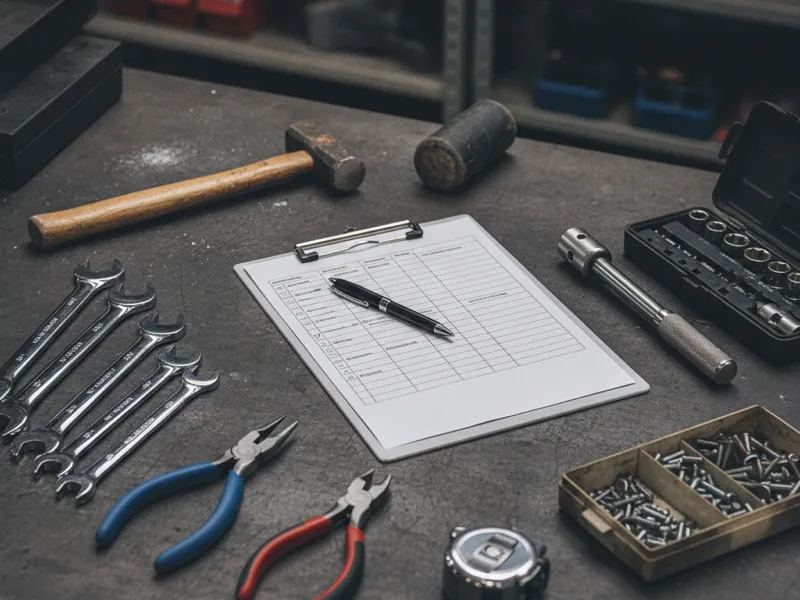 A maintenance checklist and hand tools laid out neatly