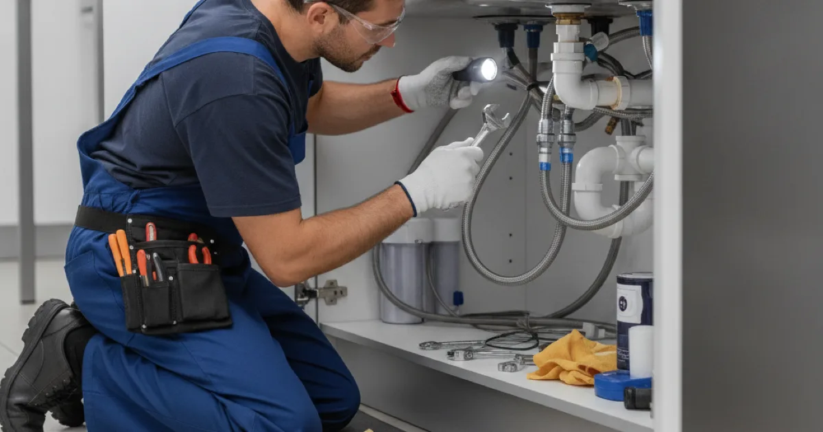 A technician performing a routine plumbing checkup under a kitchen sink