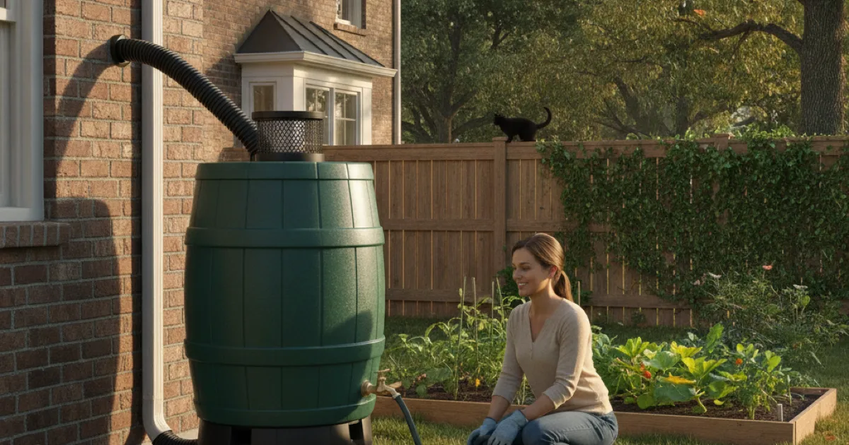 A rainwater collection tank installed in a backyard, connected to a downspout