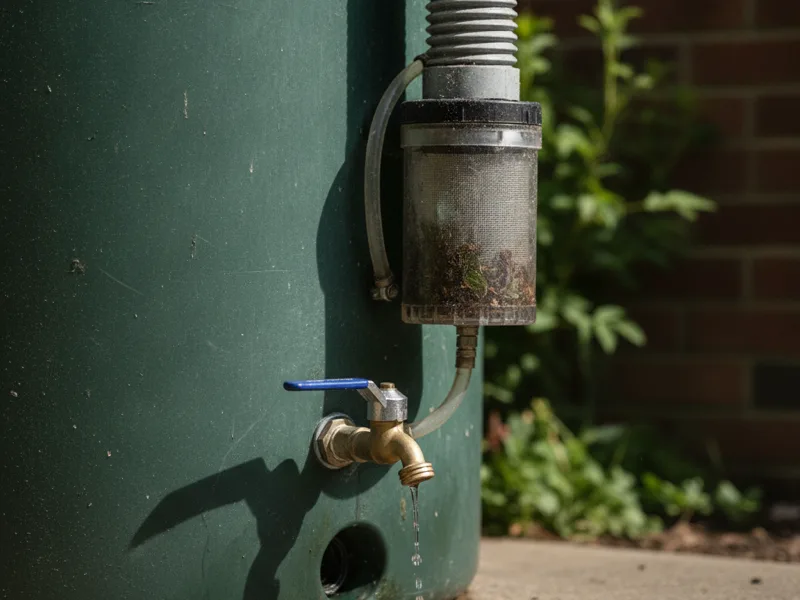 Close-up of a rainwater tank spigot and filtration inlet