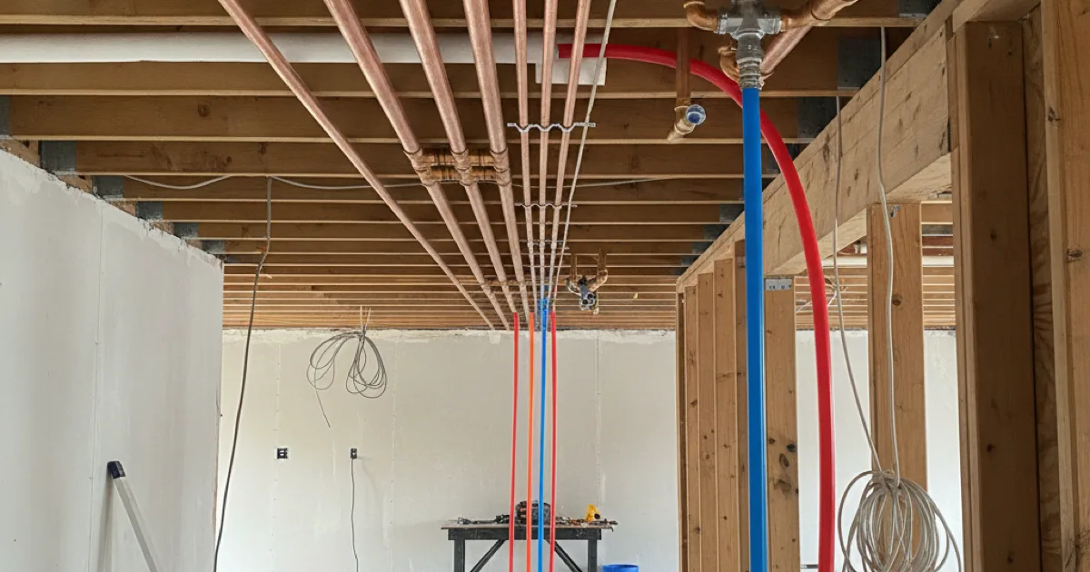 New copper and PEX pipes installed along a ceiling during a repiping job