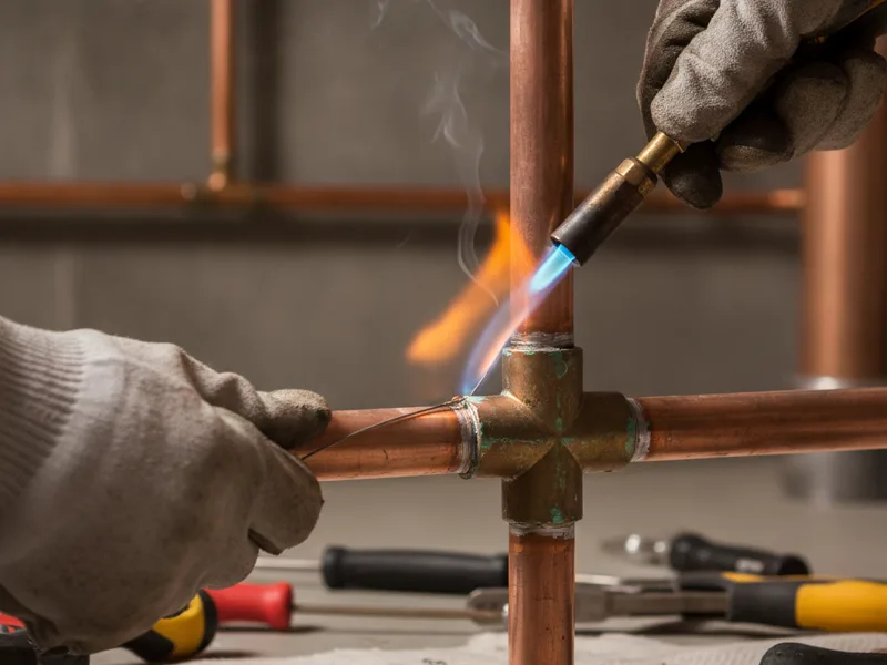 Close-up of a plumber soldering a copper pipe joint