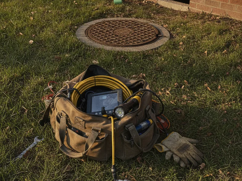 Plumber's inspection equipment bag near an outdoor access point