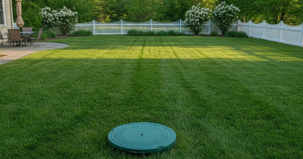 Well-maintained grassy backyard with a septic system access cover
