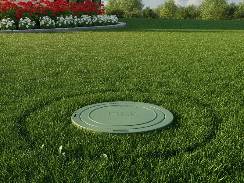 Outdoor septic tank access lid in a well-maintained lawn