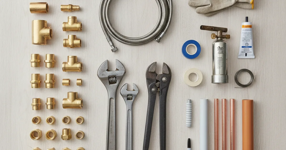An organized flat-lay of plumbing tools and pipe fittings arranged on a clean surface