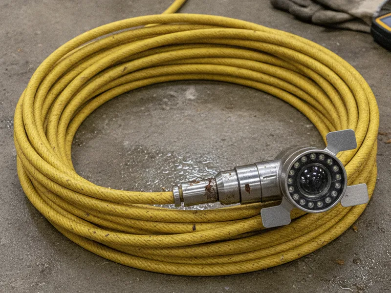 Coiled sewer inspection camera cable with camera head attachment