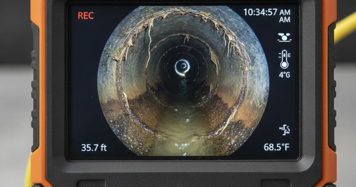 Plumbing inspection camera monitor screen displaying the interior view of a pipe