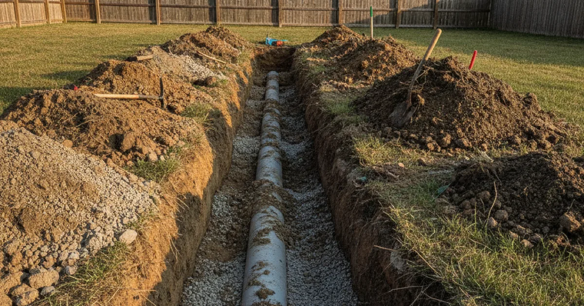 Excavated trench in a residential yard showing an exposed section of sewer pipe