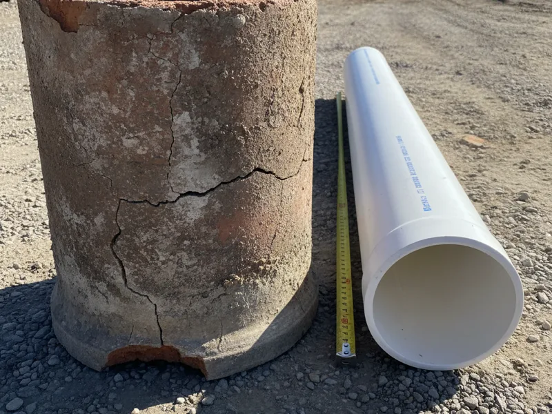 Old cracked clay pipe next to a new PVC pipe section for comparison