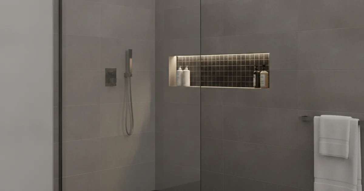A newly installed modern walk-in shower with a glass door