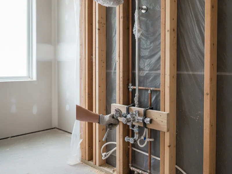 A shower valve and showerhead installation in progress