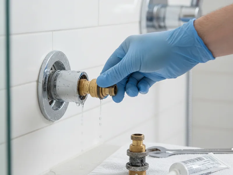 A hand replacing a shower valve cartridge, close-up