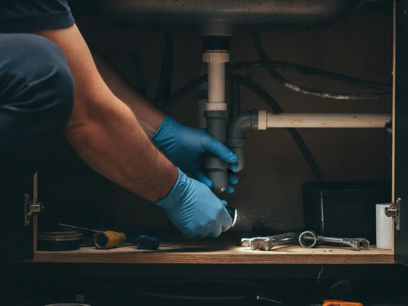 A plumber's hands connecting sink drain pipes underneath the counter
