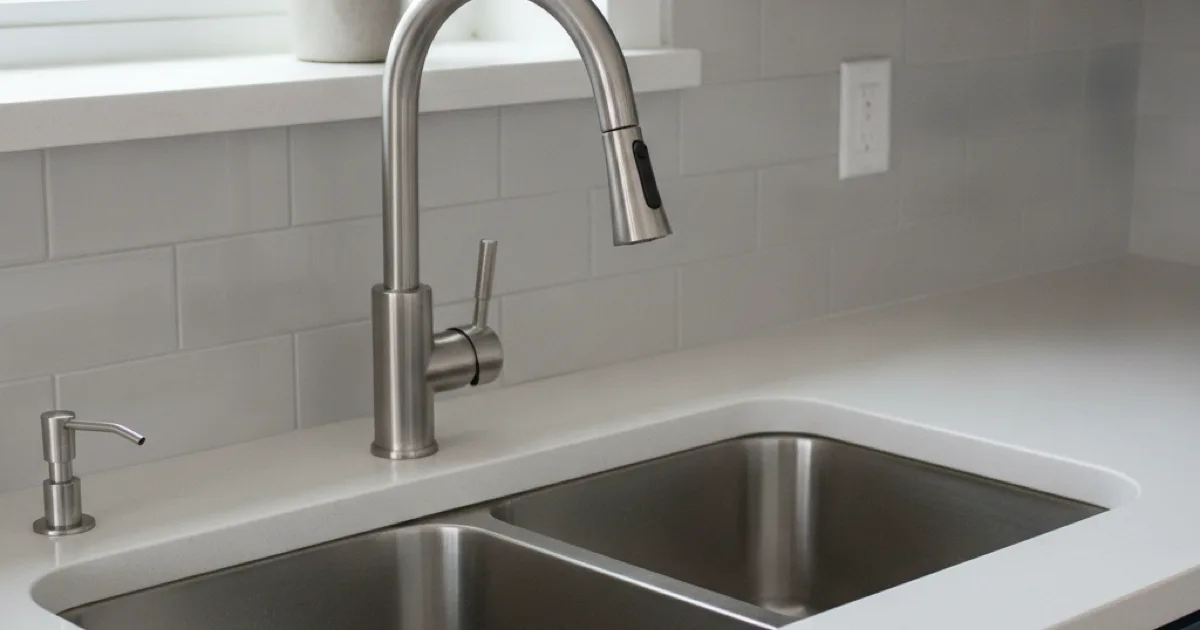 A new kitchen sink freshly installed with a modern faucet on a clean countertop