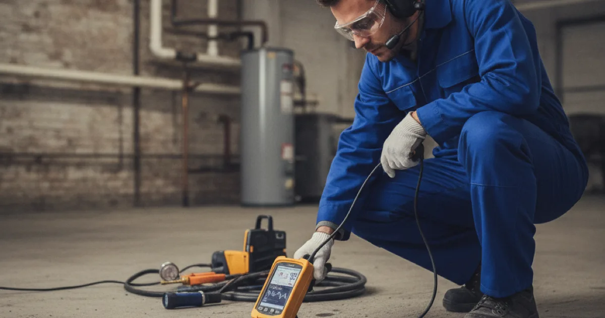 A technician using leak detection equipment on a concrete floor