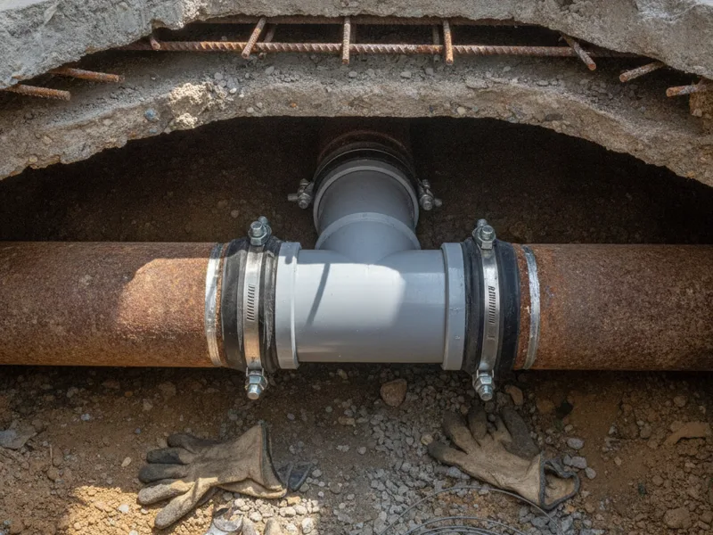 A repaired section of pipe beneath an open floor slab