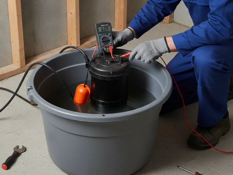 A technician testing a sump pump's float switch