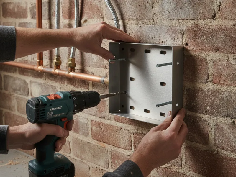 Close-up of a wall-mount bracket being installed for a tankless water heater