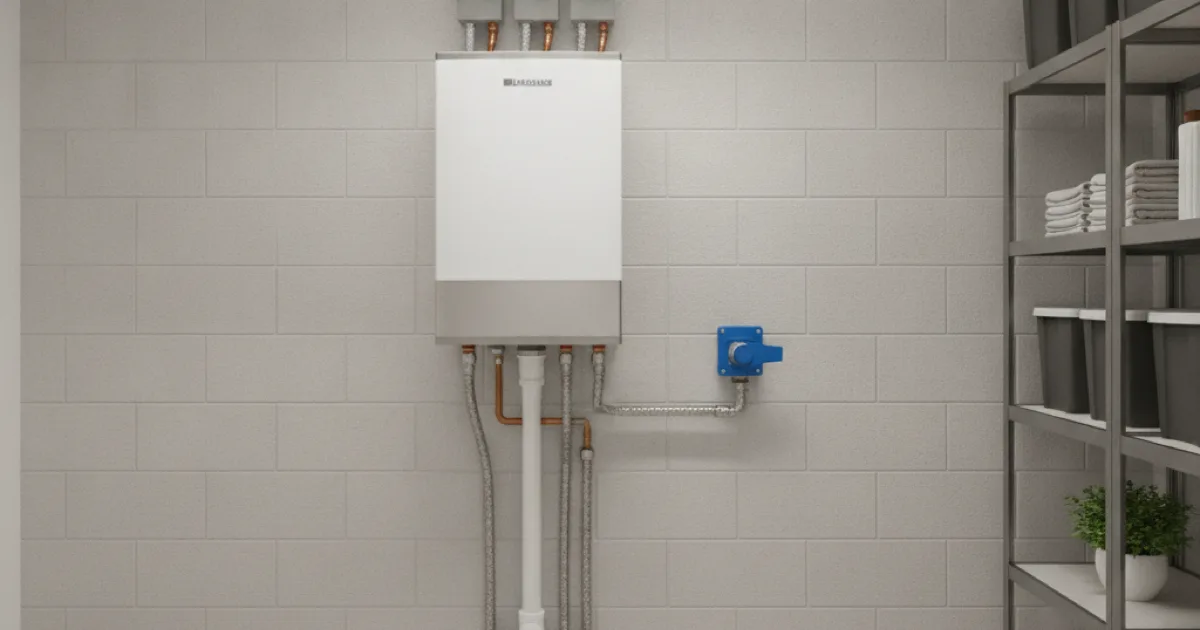 A wall-mounted tankless water heater installed in a clean utility space