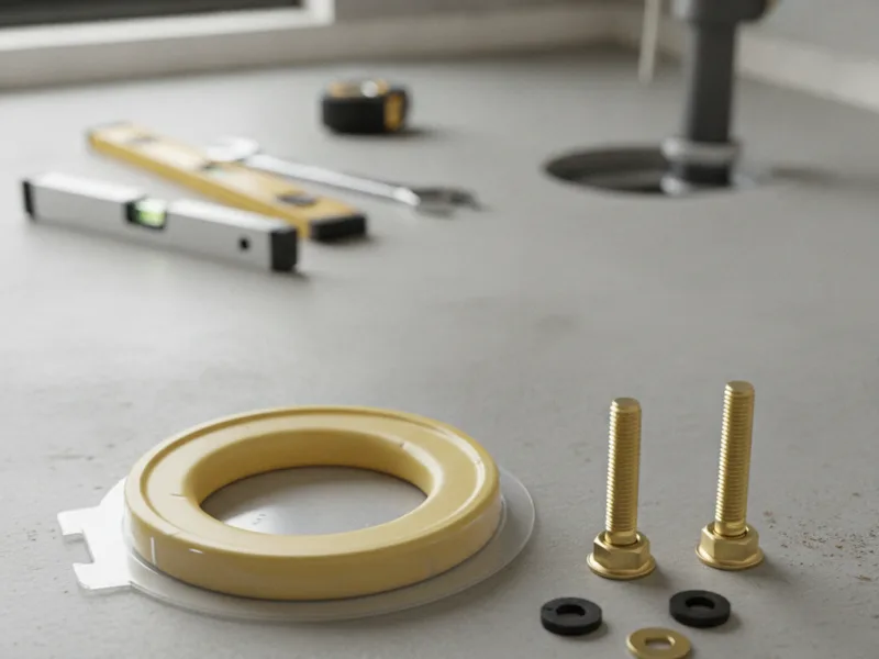 A wax ring and toilet mounting bolts laid out ready for installation