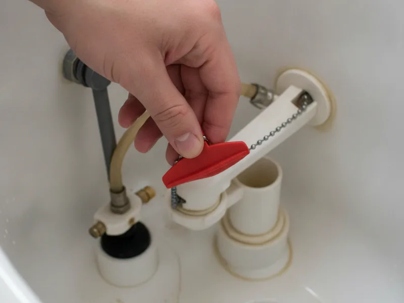 Close-up of a hand adjusting a toilet tank flapper valve mechanism