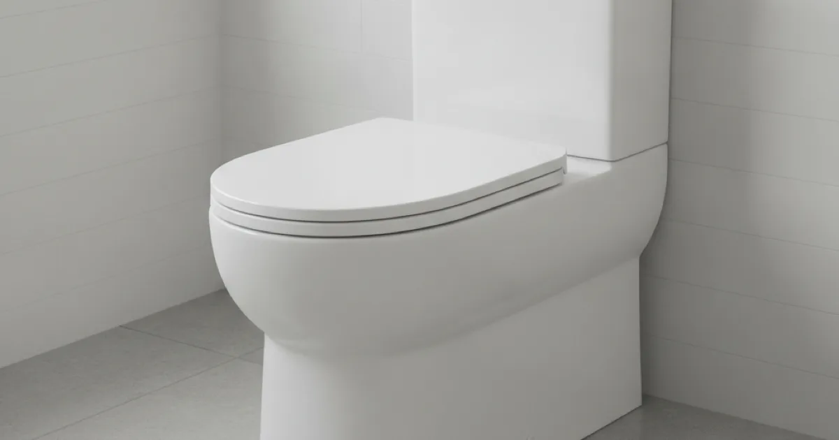 A modern toilet in a clean bathroom, close-up on the tank and base
