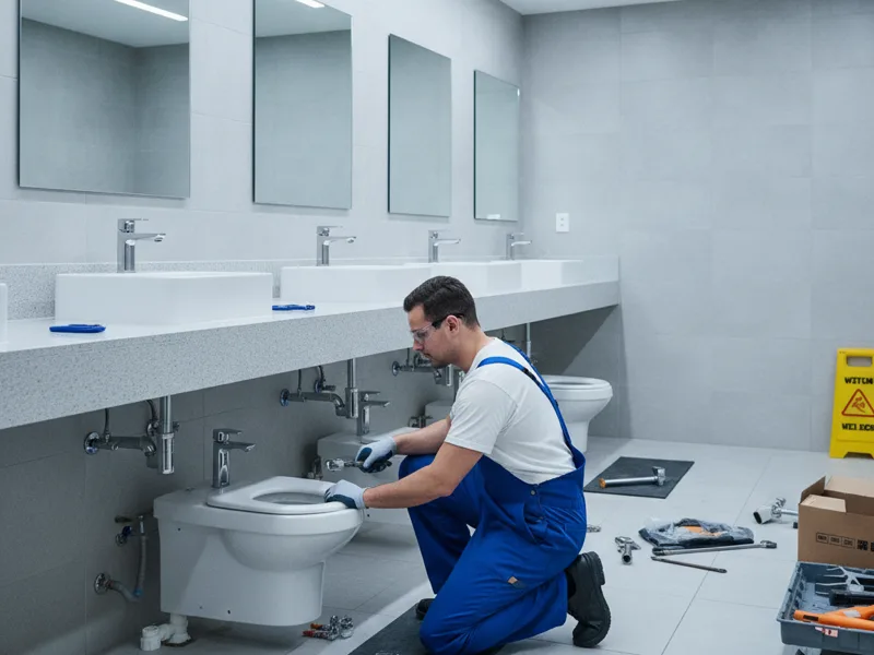 A technician installing commercial restroom plumbing fixtures
