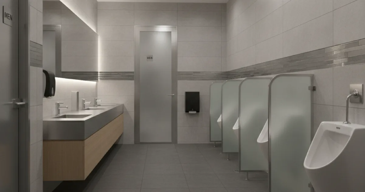 A clean, modern commercial restroom with urinal fixtures installed