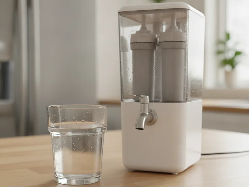 A glass of clear water next to a small water filtration unit