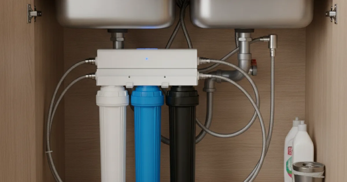 An under-sink water filtration system installed neatly beneath a kitchen sink