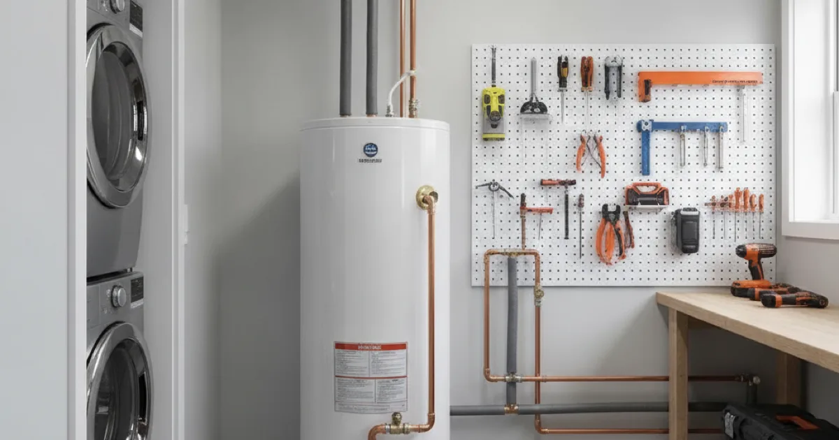 A tank-style water heater freshly installed in a clean, organized utility room