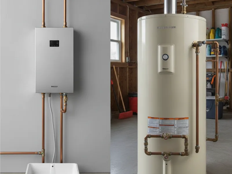 A sleek tankless water heater unit mounted on a wall, shown for comparison against a tank-style unit