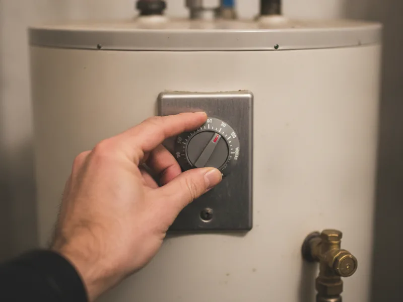 Close-up of a hand adjusting a water heater's temperature dial