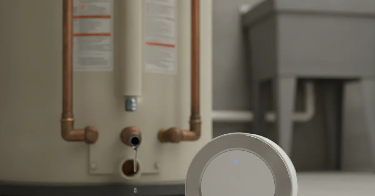 A small water leak sensor device placed near a water heater