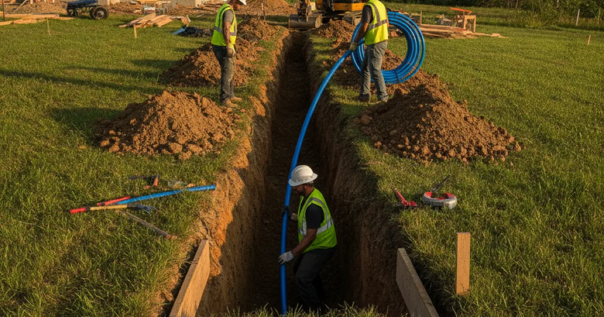 A new water supply line being installed in an open trench at a residential job site