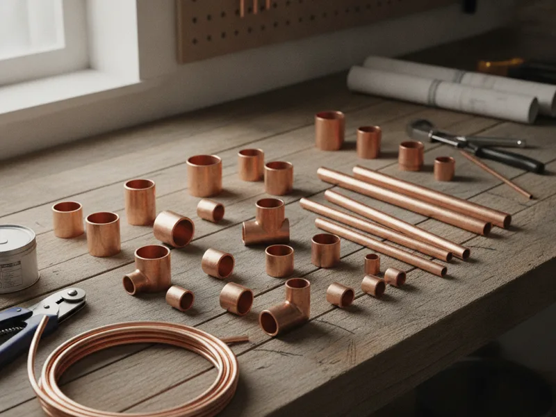Copper water line fittings and pipe sections arranged on a work surface
