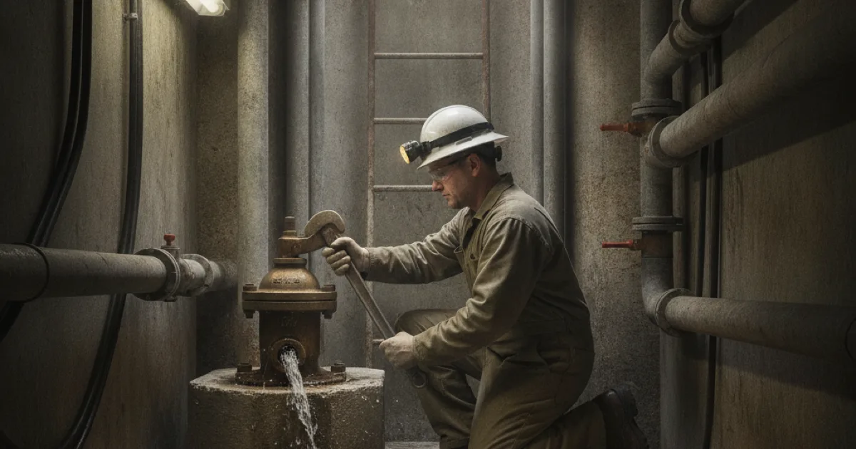 A technician repairing a water main shutoff valve in a utility area