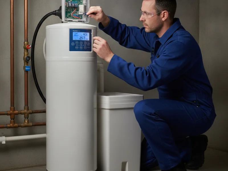 A technician adjusting the control settings on a water softener